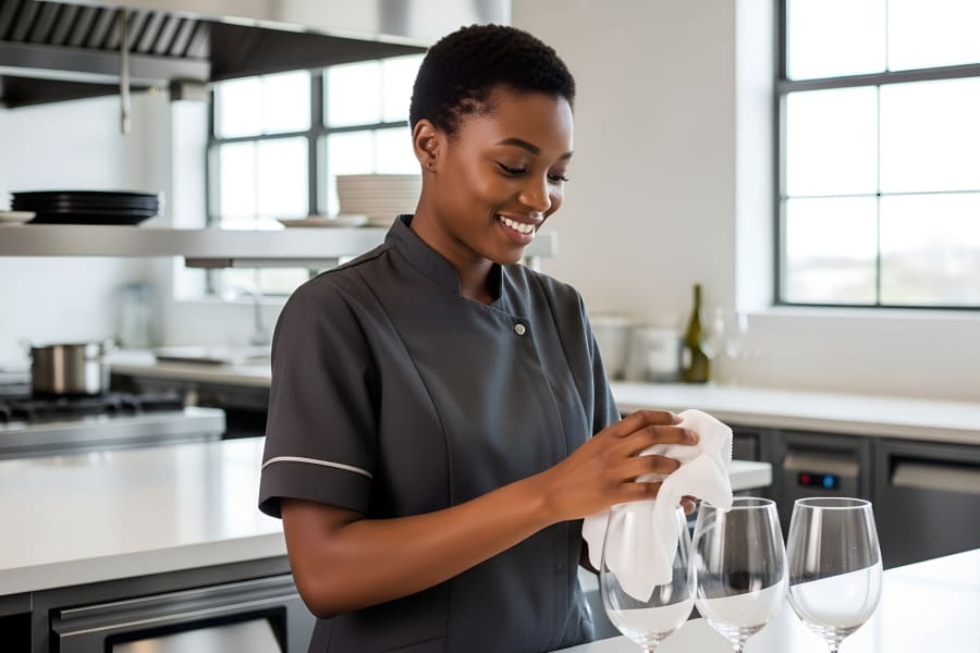 Woman working in spotlessly clean kitchen, polishing wineglasses.